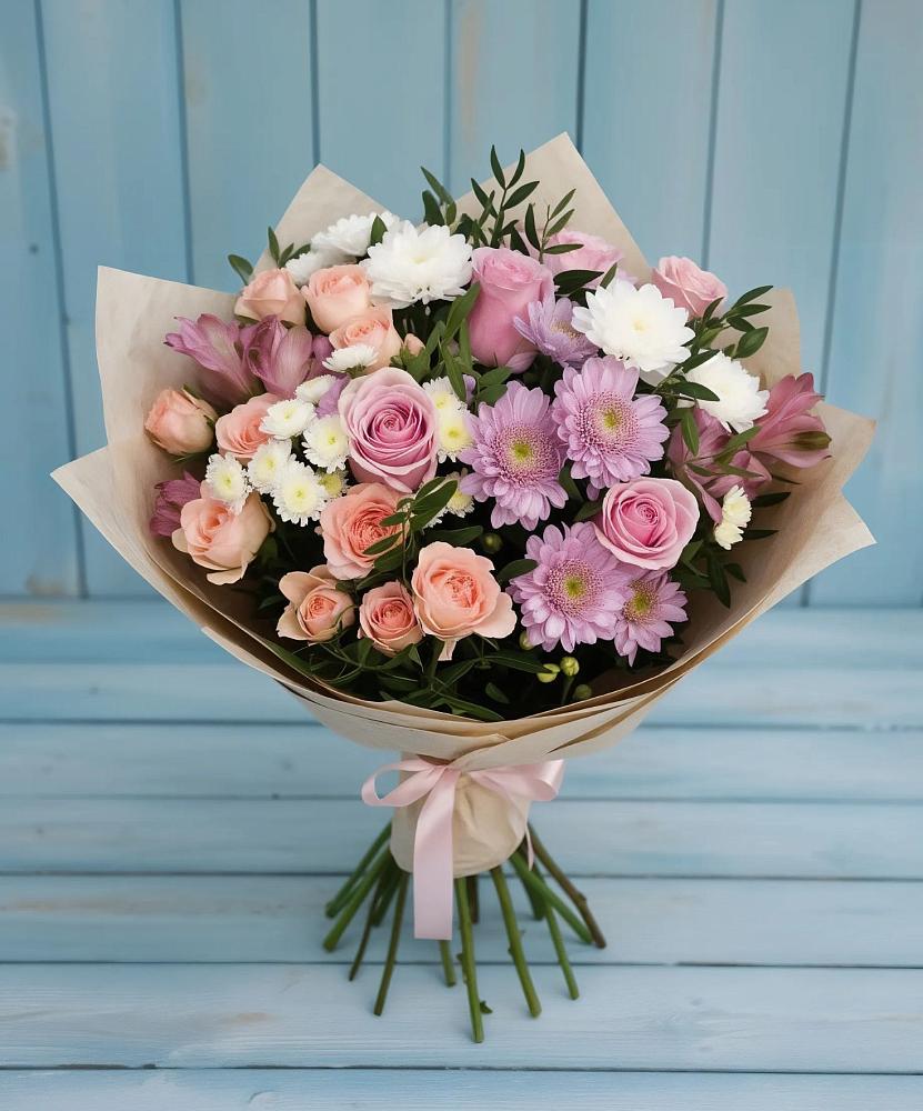 Букет цветов из: Хризантемы, Розы и Альстромерии в Тавричанка