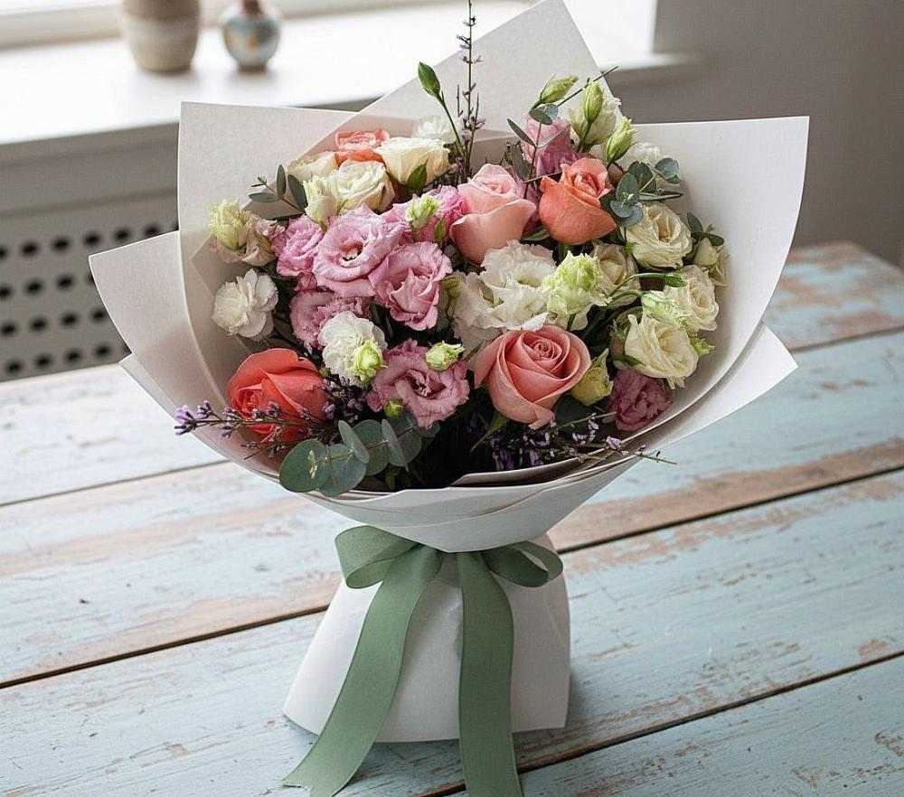 Букет цветов из: Розы, Лизиантусы и Гвоздики в Тавричанка