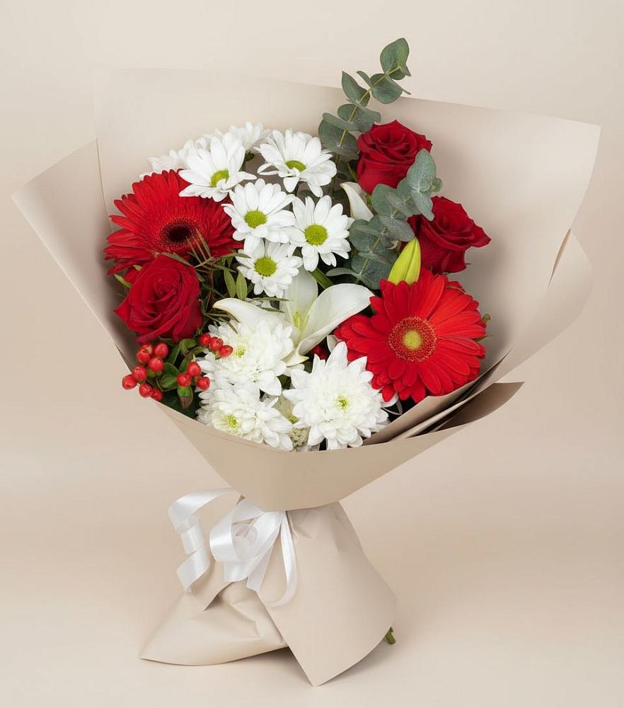 Букет цветов из: Розы, Хризантемы, Герберы и Лилии в Тавричанка