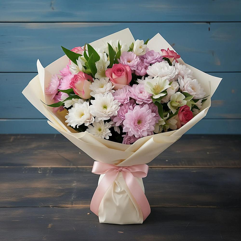 Букет цветов из: Хризантемы, Альстромерии и Розы в Тавричанка